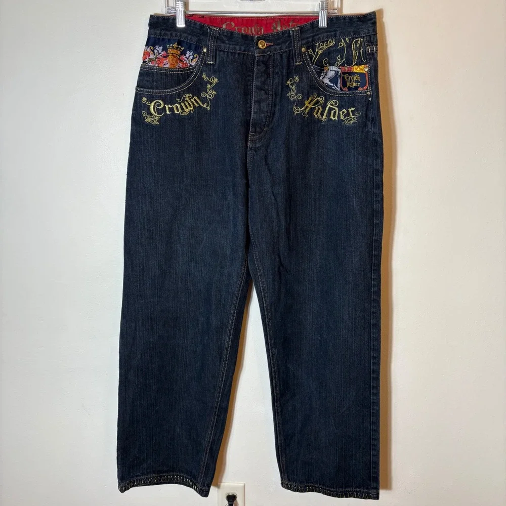 Crown Holder Embroidered Dark Wash Jeans‎ Size 38 Crest & Royal Embellishments